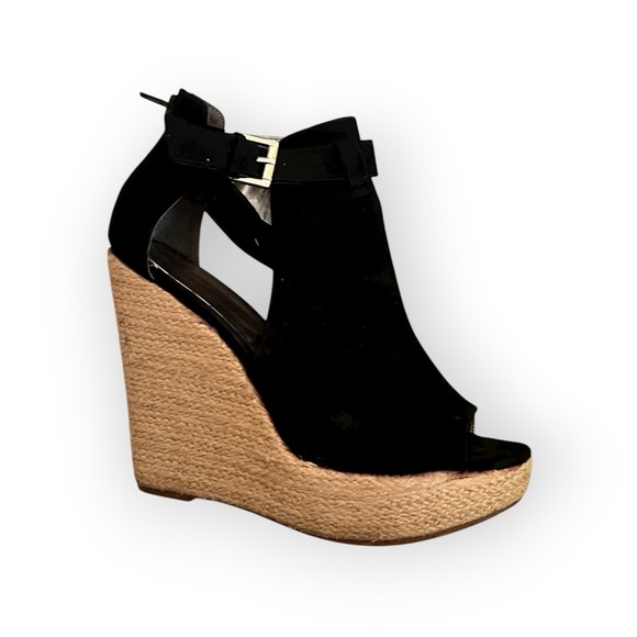 Carlos Santana Black Suede Open Toe Ankle Strap Platform Wedge Sandal - Picture 1 of 1